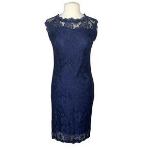 Stanzino Womens Lace Sheath Dress Large Blue Round Neck Capped Sleeves Lined
